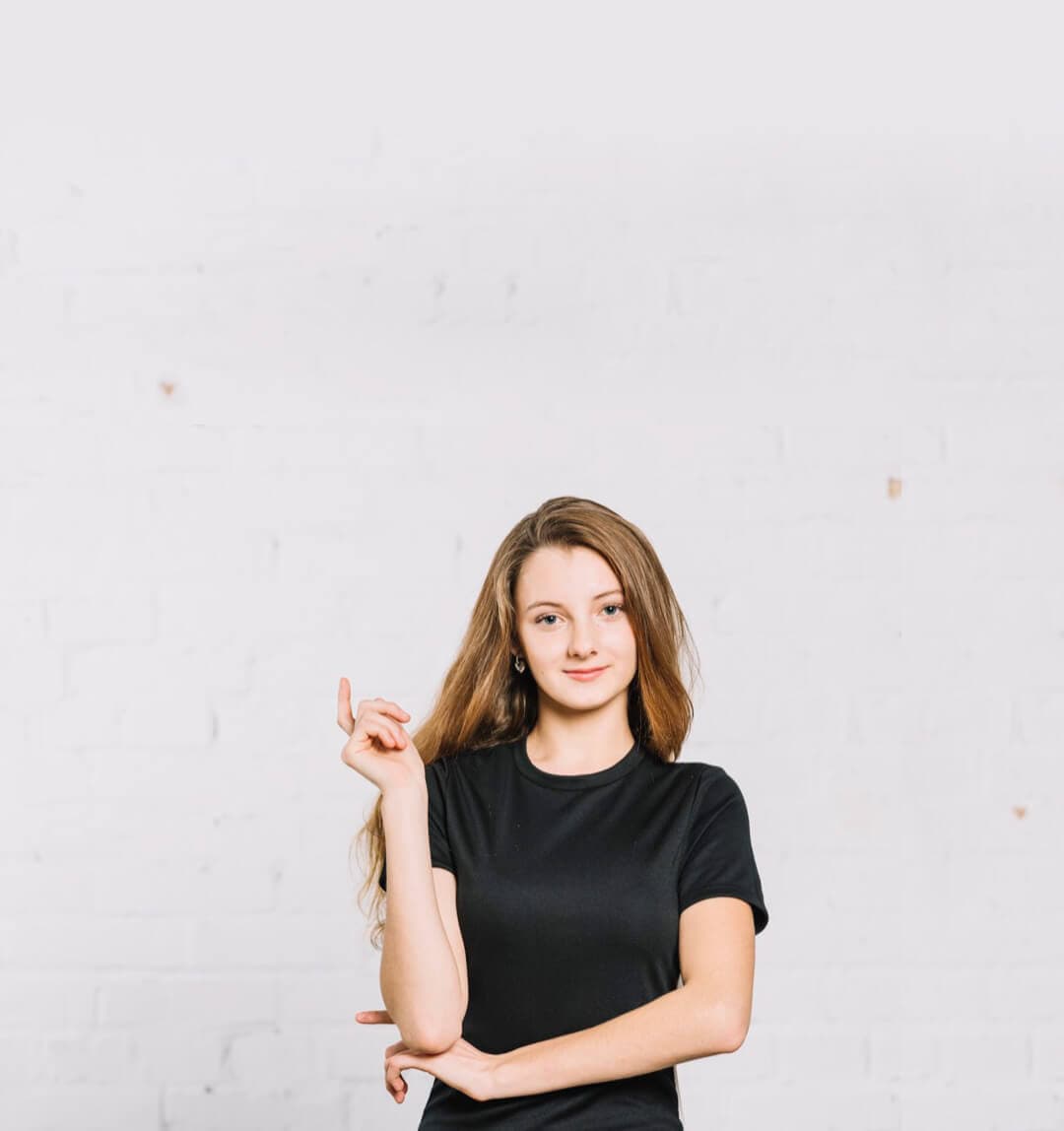 Student pointing upwards